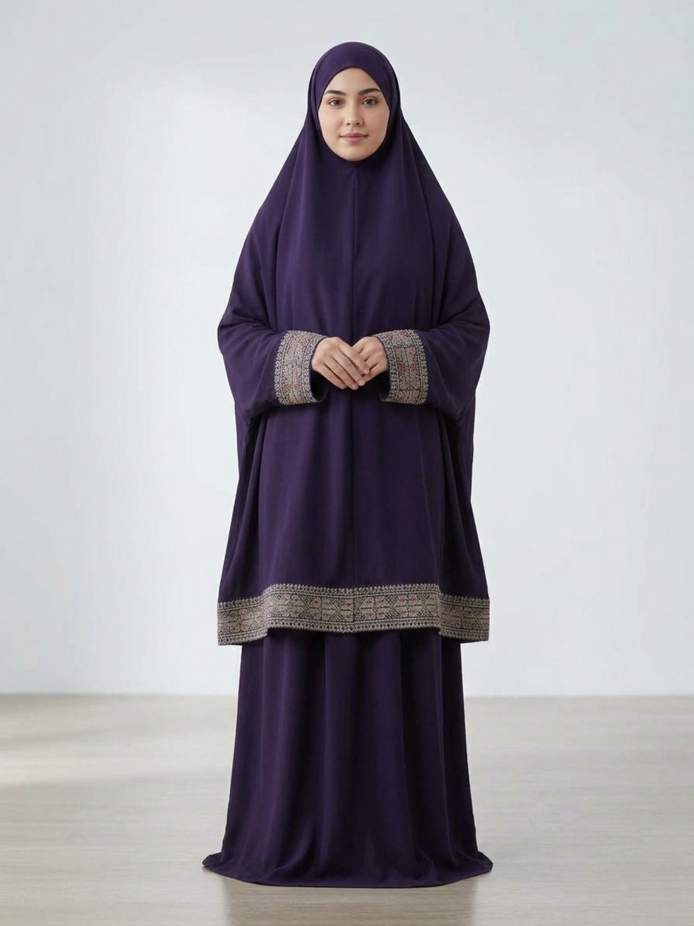 Modest Embroidered Two-Piece Prayer Dress in Deep Purple